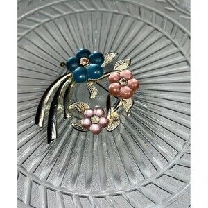 Vintage Jewelry Lot. Silver Filigree Bow Pin. Flower Brooch W/ Pink, Blue Flower